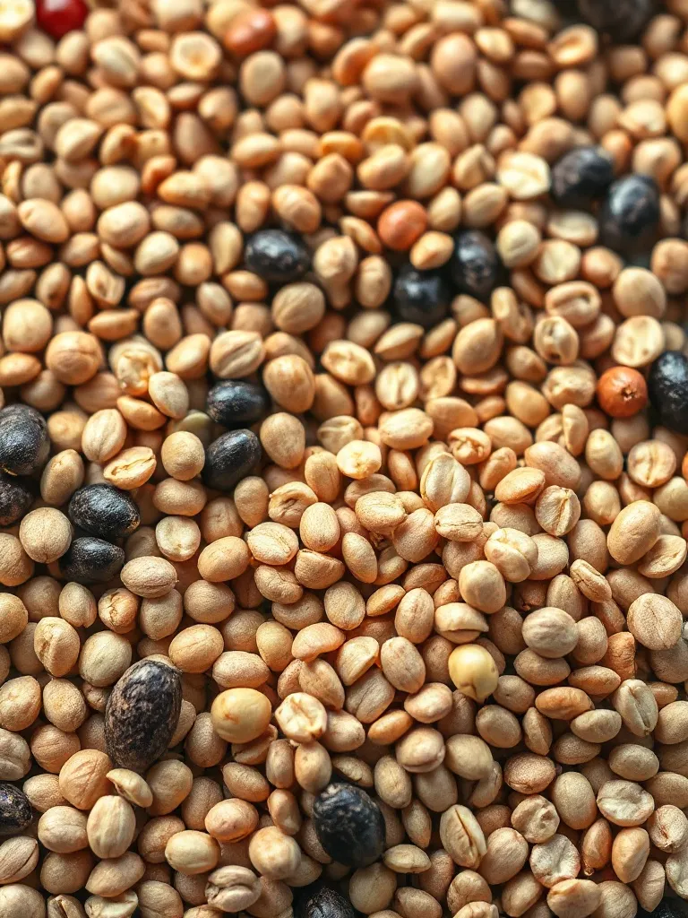 Macro photography of various dry grains, legumes, and husks