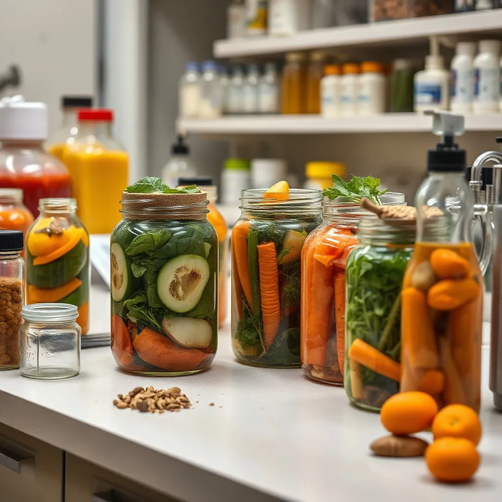 A professional laboratory setting with glass jars containing