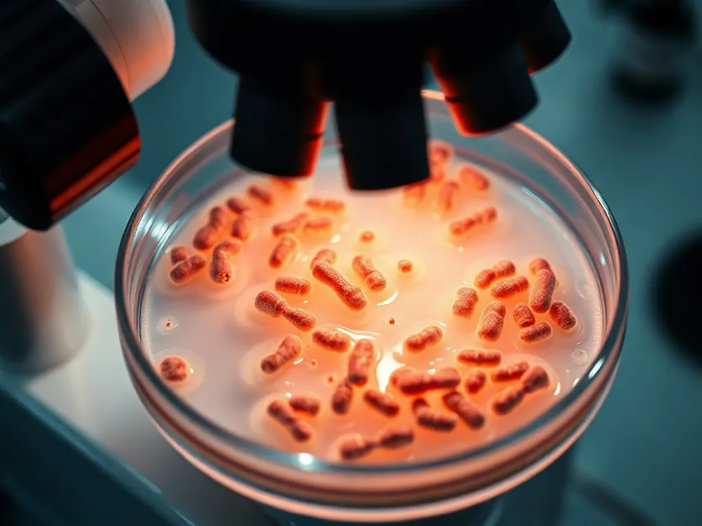 A high-tech laboratory microscope view of bacterial cultures