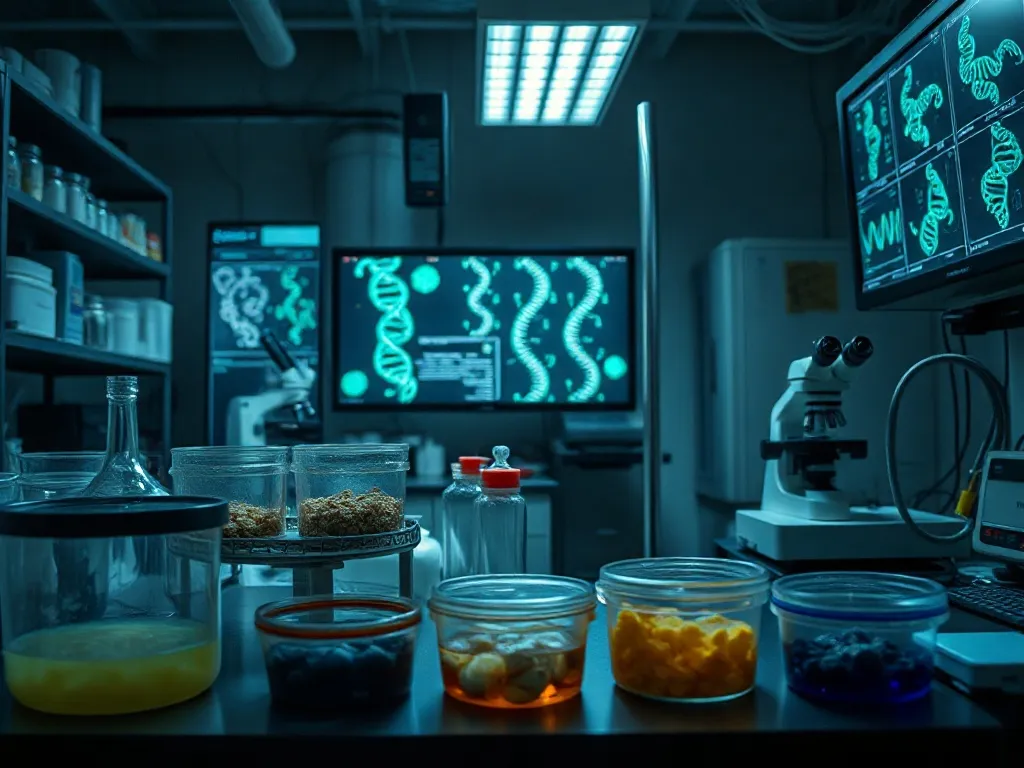 A high-tech laboratory setting with petri dishes, microscope